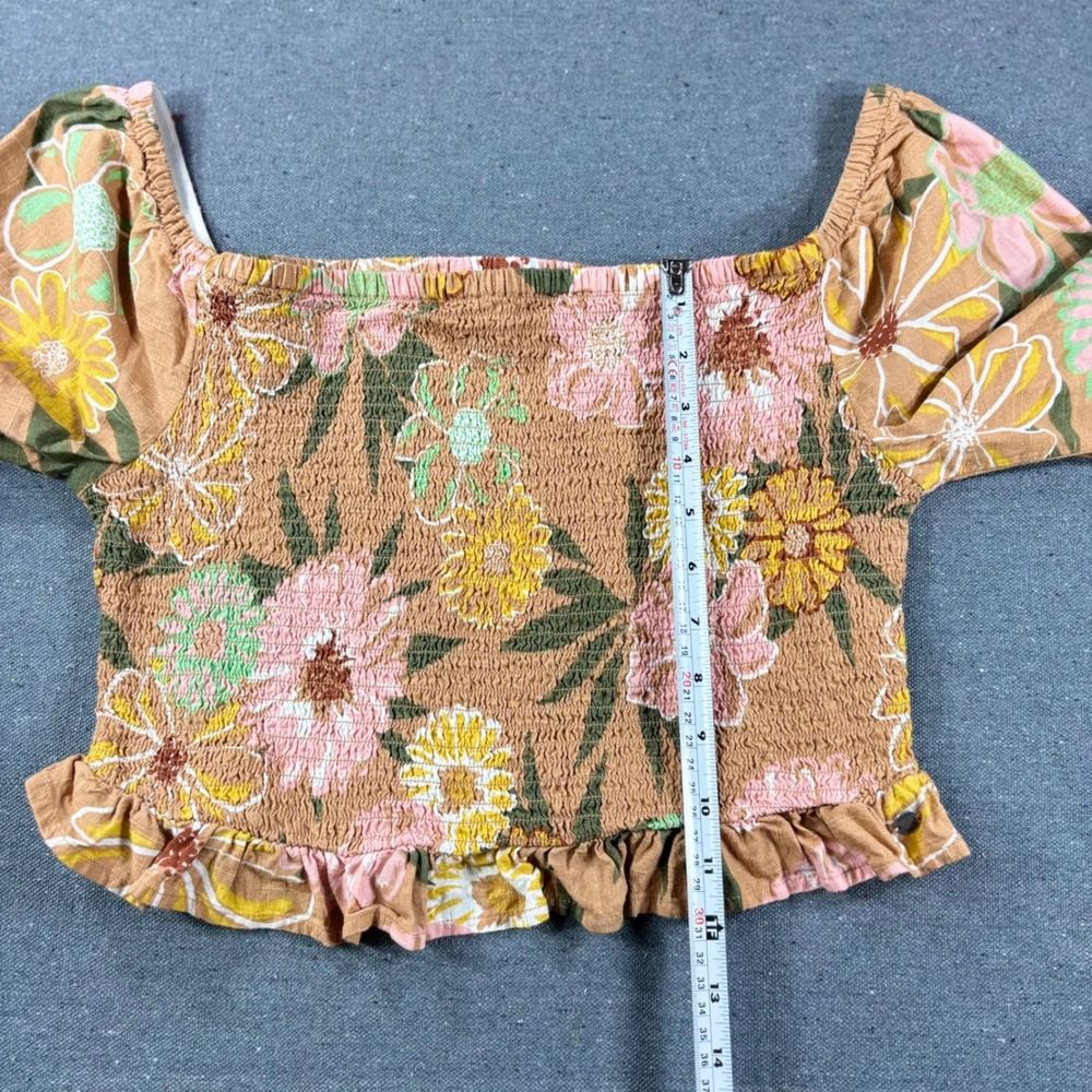 Roxy Crop Top Women Large Tan Floral Smocked Off Shoulder Ruffle Hem Long Sleeve - Picture 6 of 7